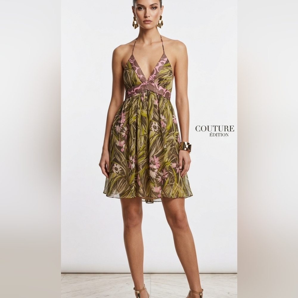 Milly NY Vtg 100% Silk Floral Green Pink Mini Dress - Perfect Condition - Size 2